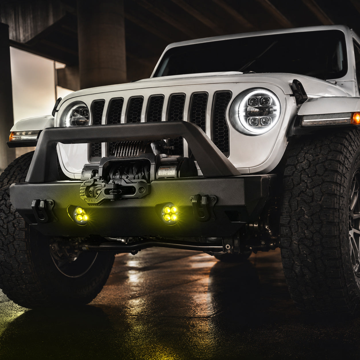 Close-up of amber LED fog lights for Jeep Wrangler JL and Gladiator JT