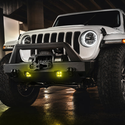 Close-up of amber LED fog lights for Jeep Wrangler JL and Gladiator JT