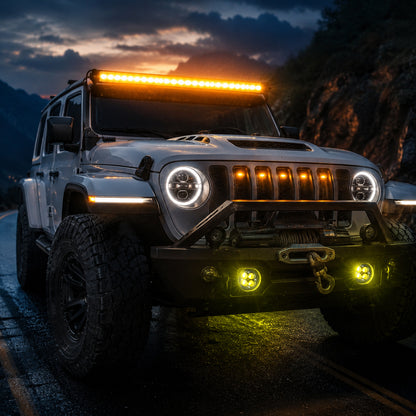 Close-up of amber LED fog lights for Jeep Wrangler JL and Gladiator JT