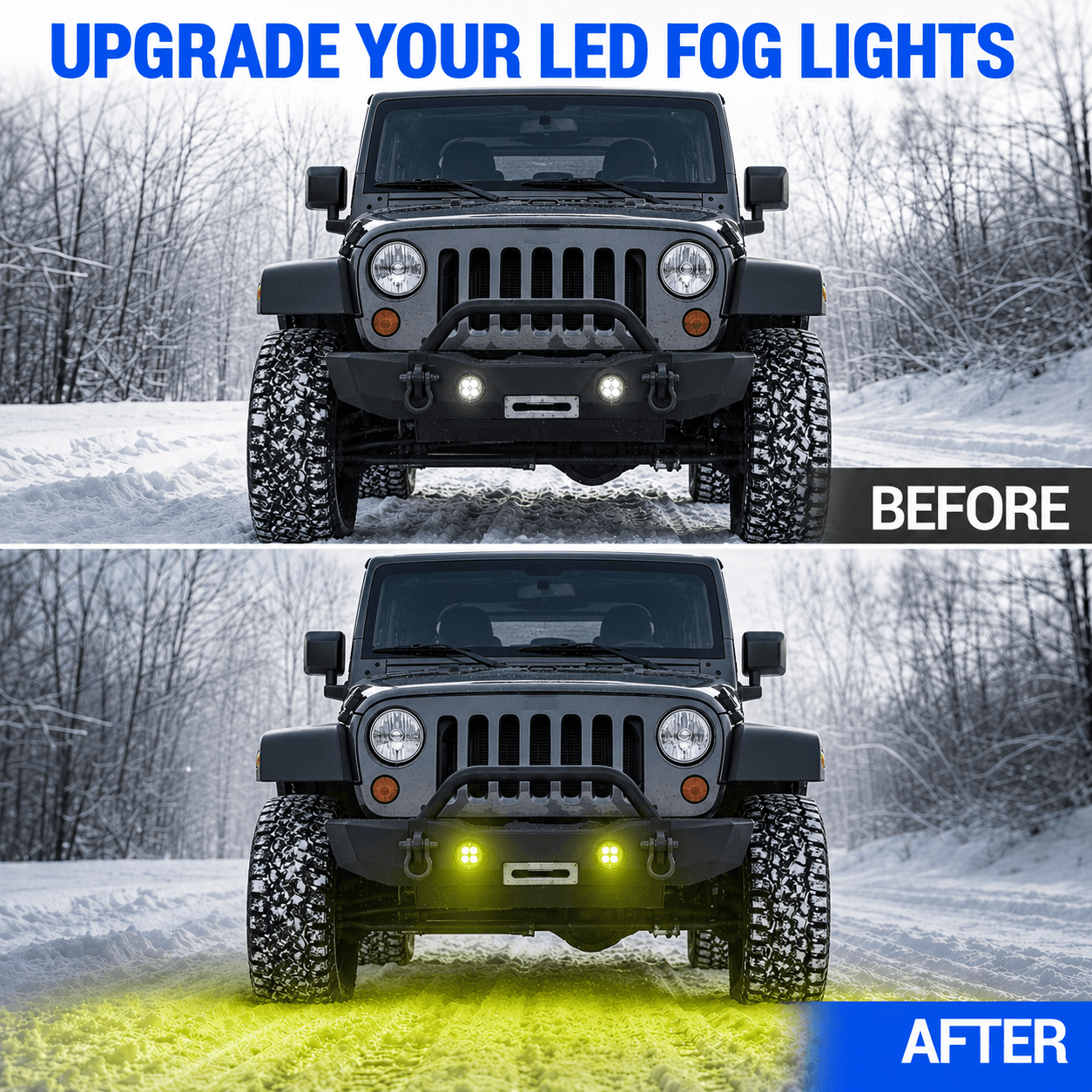 Before and after Jeep Wrangler JK fog lights upgrade with amber LED output
