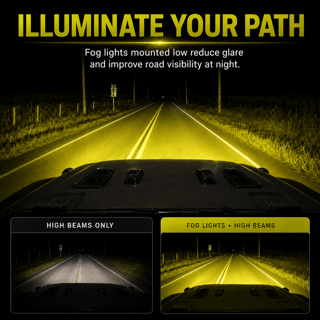 Jeep LED fog lights improving low-glare visibility on night roads