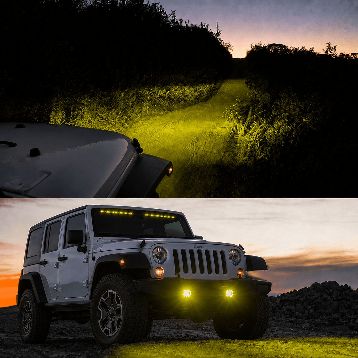Jeep LED fog lights improving low-glare visibility on night roads
