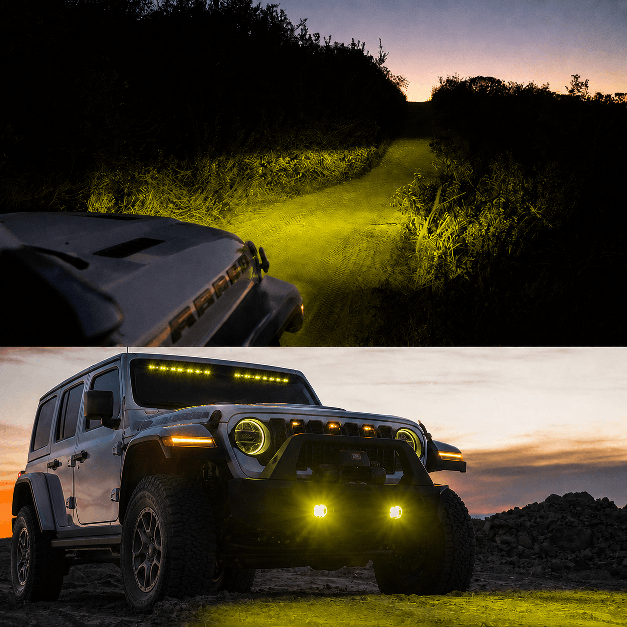 Jeep LED fog lights improving low-glare visibility on night roads