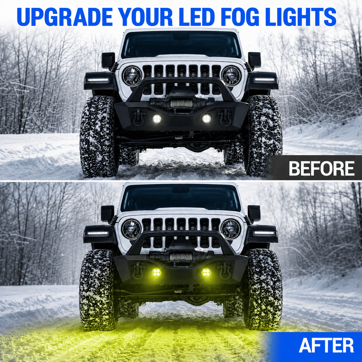 Before and after Jeep Wrangler fog lights upgrade with amber LED output