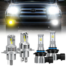 H4 & 9006 LED Headlight Fog Light Bulbs for 2000–2006 Toyota Tundra shown installed on vehicle with bright white and yellow lighting output.