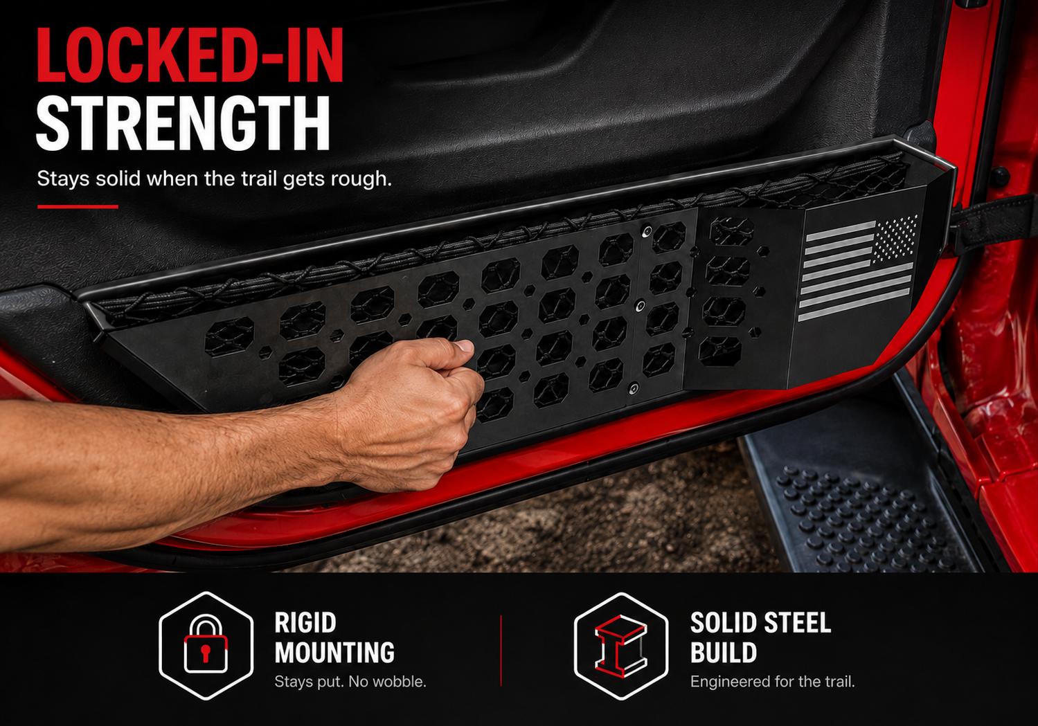 RIGIDMOUNTING
Stays put. No wobble.
SOLID STEELBUILD
Engineered for the trail.