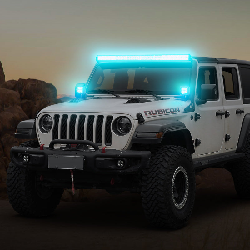 52" RGBW LED Light Bar & 2 RGB Pods & All Brackets for 2018-Later Jeep Wrangler JL JLU