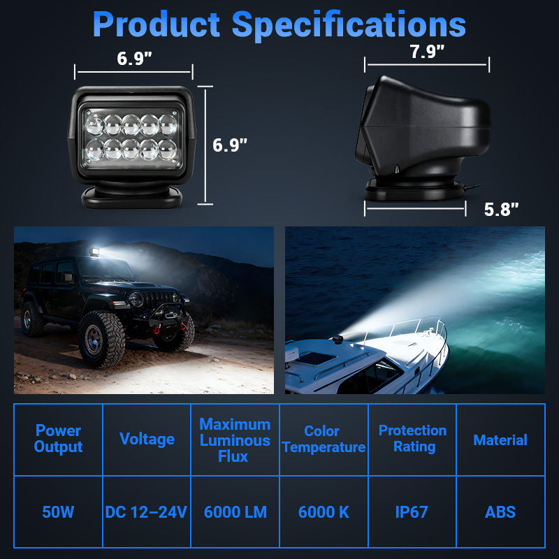 Wireless 50W Remote Control Spotlight for Truck with 360° Rotation