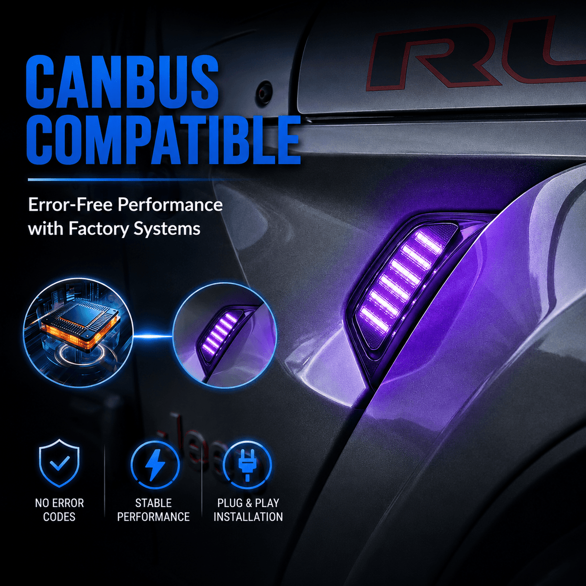 Stock Jeep fender vent compared with an illuminated RGB vent light upgrade