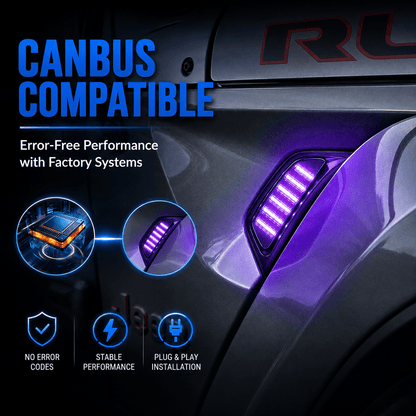 Stock Jeep fender vent compared with an illuminated RGB vent light upgrade