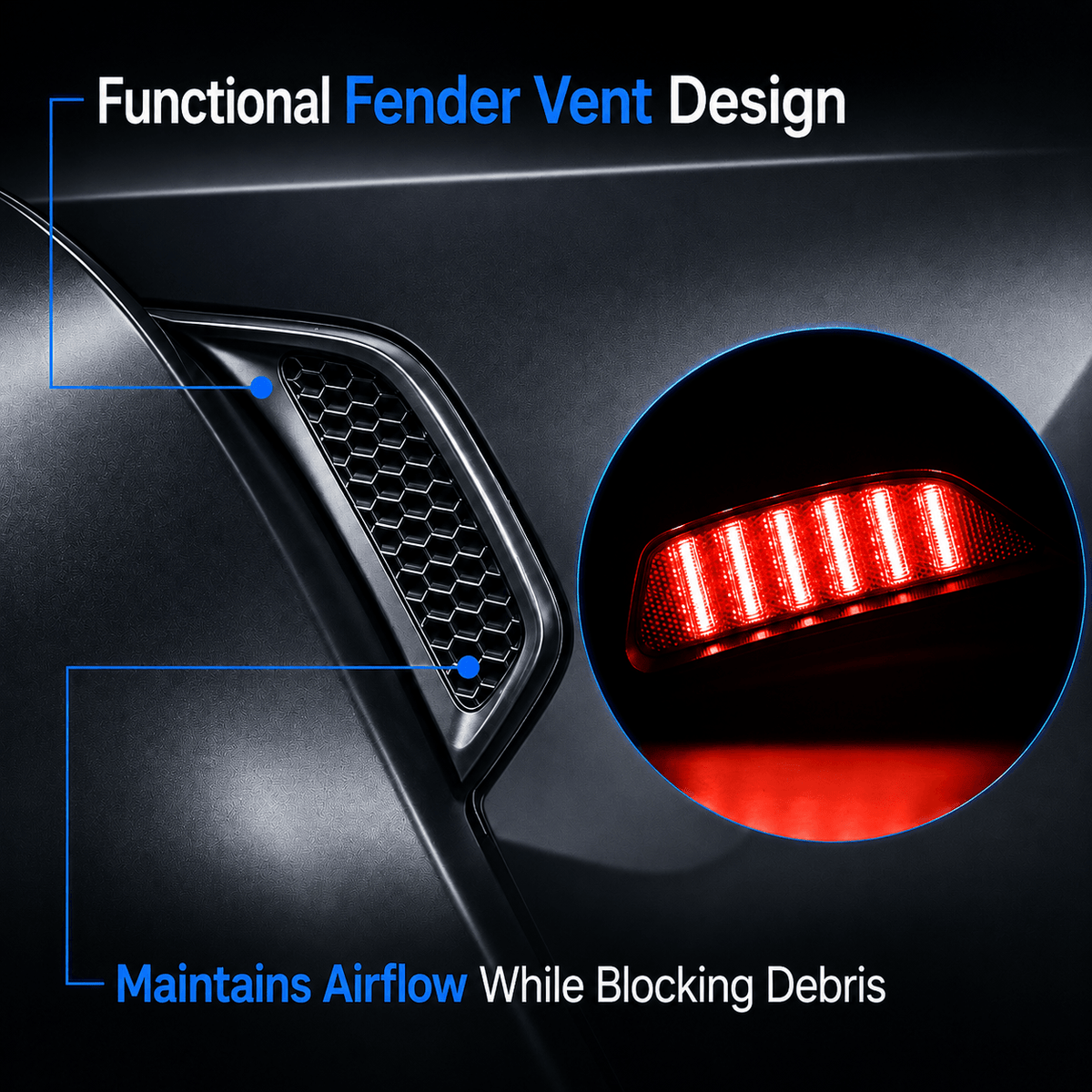 Mesh-backed RGB fender vent light showing the open vent design