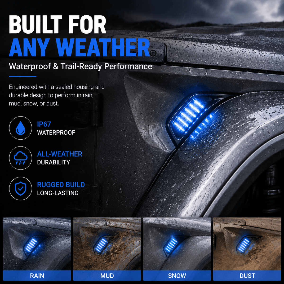 RGB fender vent light illuminated on a Jeep Wrangler in rainy conditions