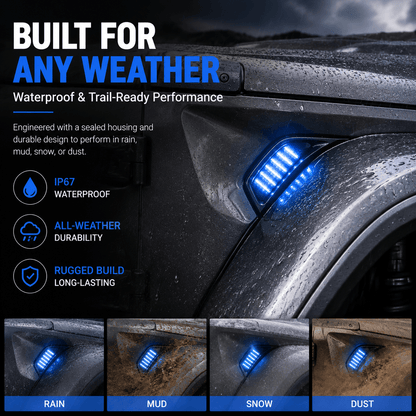 RGB fender vent light illuminated on a Jeep Wrangler in rainy conditions