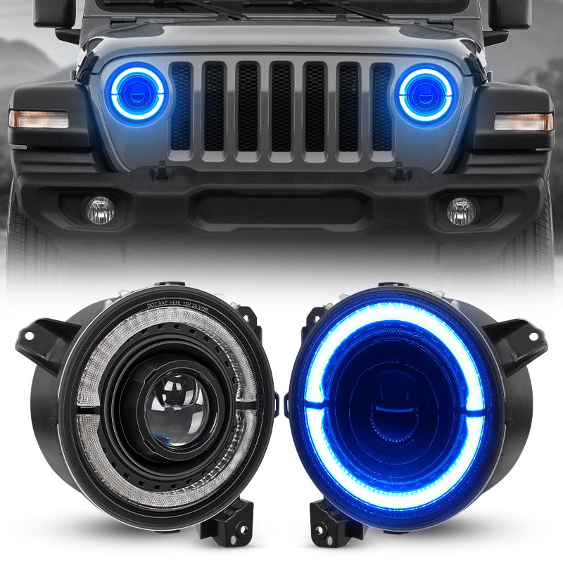 DOT Approved RGB-W Halo Headlights Compatible with Jeep Wrangler 2018-2025 and Gladiator JT