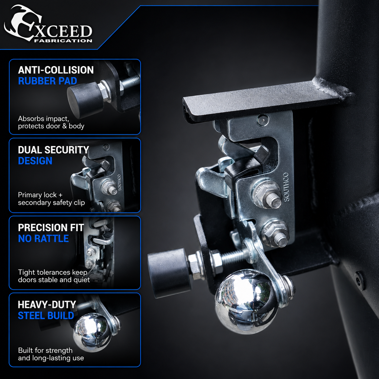 Four SD1 SERIES tube doors with mirrors, limiting straps, mounting hardware and tools
