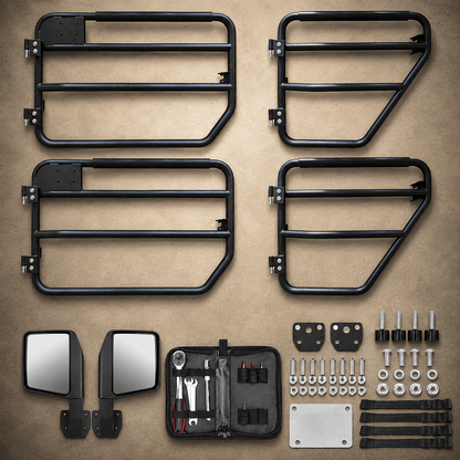 Four SD1 SERIES tube doors with mirrors, limiting straps, mounting hardware and tools on a tan background