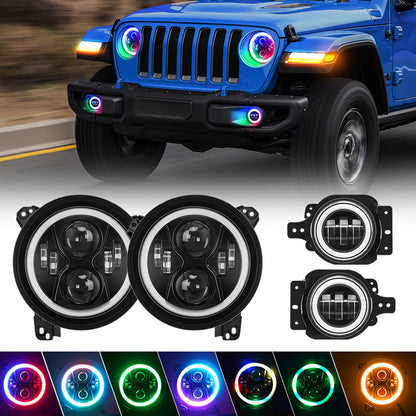 Combo de faros delanteros y luces antiniebla LED RGB de 9" controlados 4 en 1 con señales de giro para Jeep JL y JT 2018 y posteriores