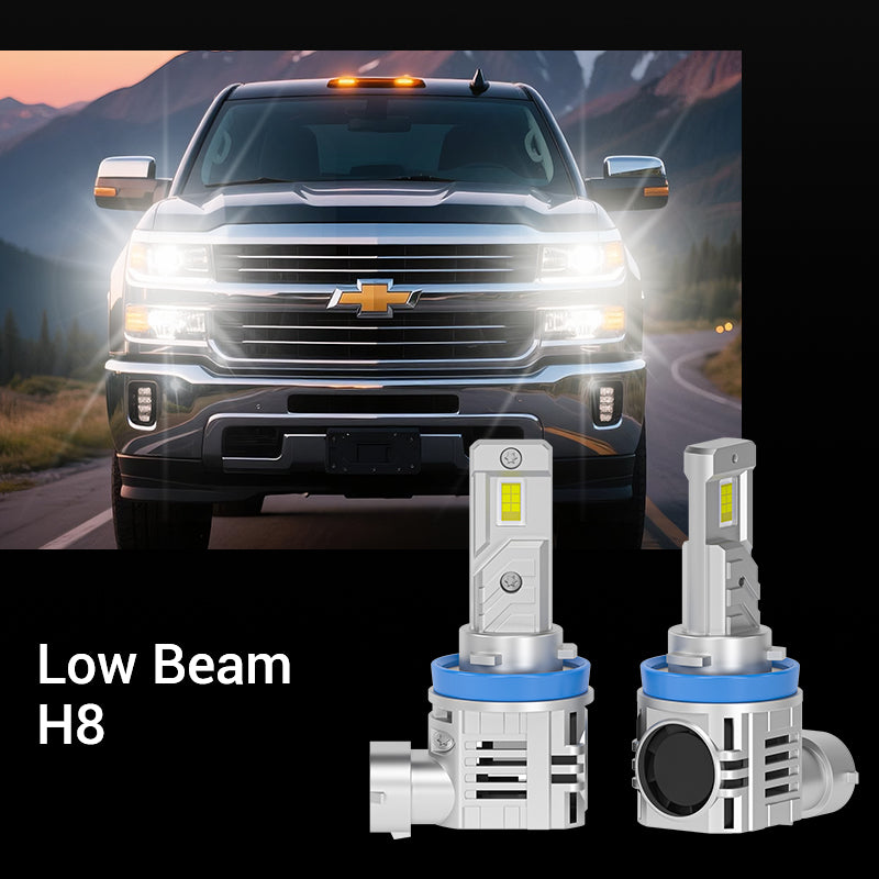 2015-2019 Silverado 2500/3500 H11 9005 LED Headlight Bulbs shown with low beam H8 configuration for enhanced road visibility and modern lighting upgrade.