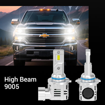 2015-2019 Silverado 2500/3500 H11 9005 LED Headlight Bulbs shown with high beam 9005 installed on a Chevrolet truck. SP Air Series offers enhanced brightness.