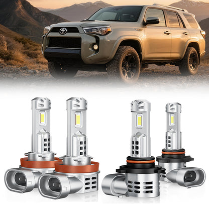 Full set of 9005 H11 LED headlight and fog light bulbs displayed with Toyota 4Runner in off-road background.