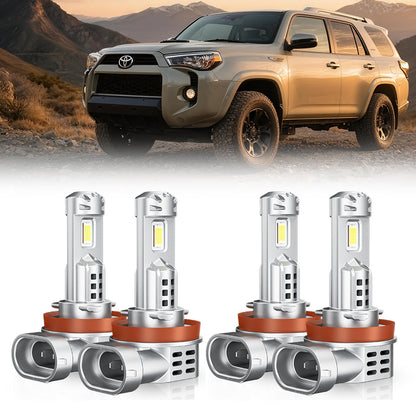 Full set of H8 H11 LED Headlight Bulbs displayed in front of Toyota Tacoma, ideal for complete lighting upgrade on 3rd Gen models.