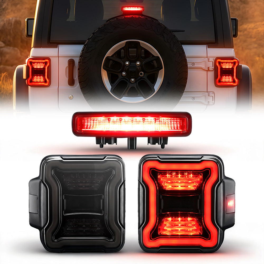 Smoked LED Tail Lights & Smoked LED 3rd Brake Light Compatible For 2018+ Jeep Wrangler JL