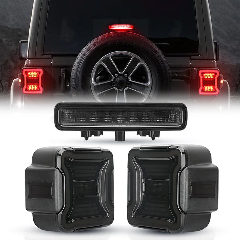 Smoked LED Tail Lights & Smoked LED 3rd Brake Light Compatible For 2018+ Jeep Wrangler JL