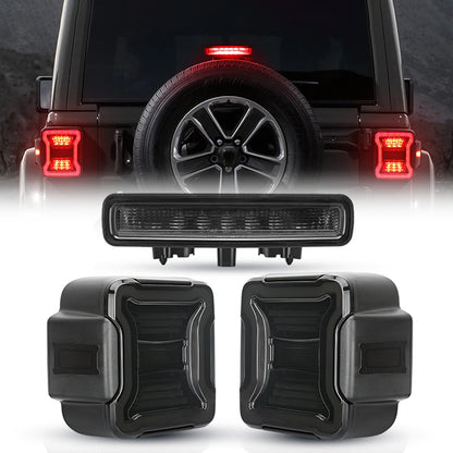 Smoked LED Tail Lights & Smoked LED 3rd Brake Light Compatible For 2018+ Jeep Wrangler JL