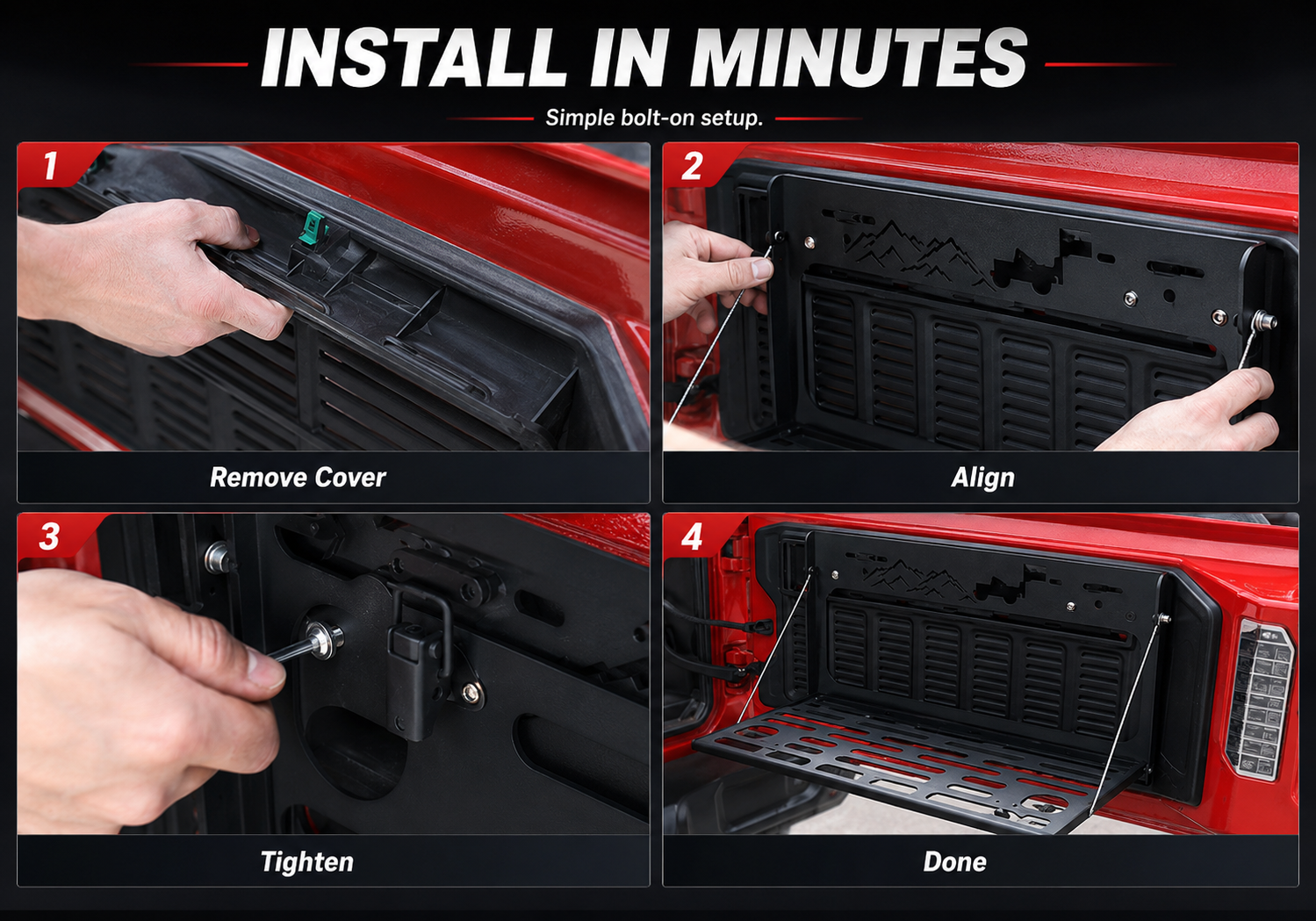 INSTALL IN MINUTES Simple bolt-on setup.