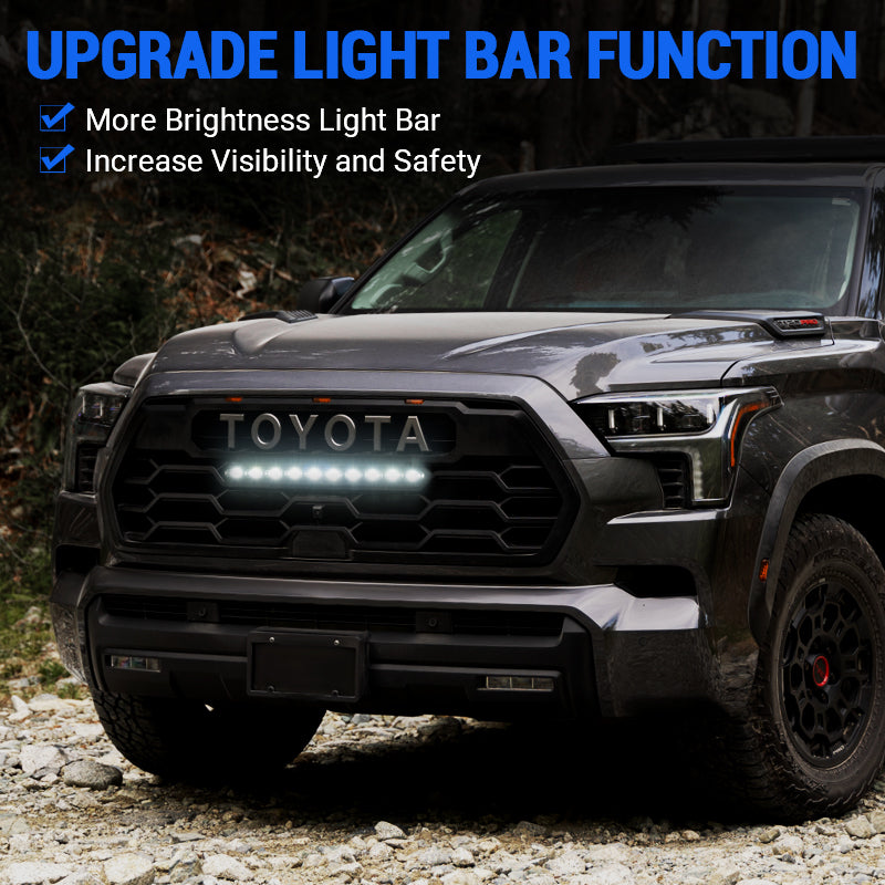 Aggressive TRD Pro style upgrade with white LED light bar on 2022-2025 Toyota Tundra grille
