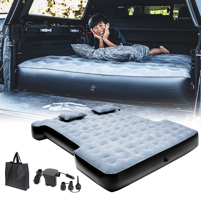 Truck Bed Air Mattress - Tundra Fit | Inflatable, Durable design for 5.5FT Toyota Tundra beds, includes pump, pillows, and carry bag for camping comfort.