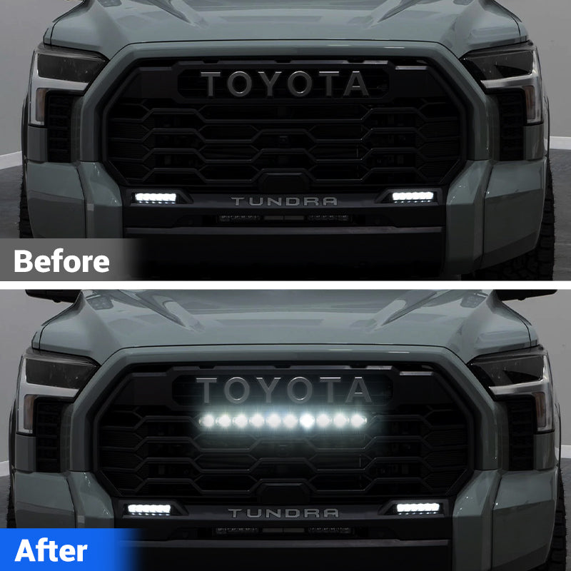 Before and after brightness comparison of white LED light bar on Toyota Tundra TRD Pro grille 2022-2025