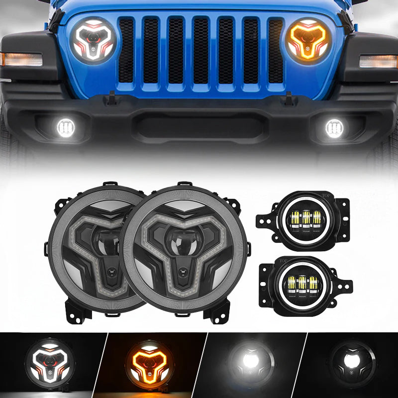 Warrior Style 9 LED Halo Headlights & Amber Turn Signals & LED Halo Fog Lights For 2018-Later Jeep Wrangler JL & Gladiator JT