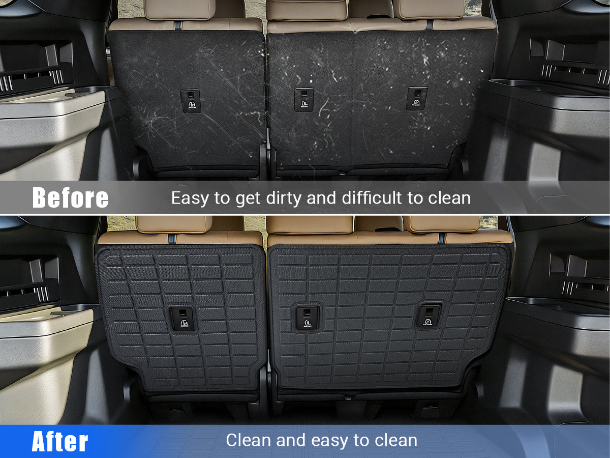 Before and after comparison showing rear seat backs with and without protector on 2025 Toyota 4Runner