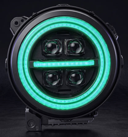 jeep-wrangler-custom-led-headlights-with-glowing-rgb-halo-ring-and-four-visible-projector-lenses-in-a-dark-garage