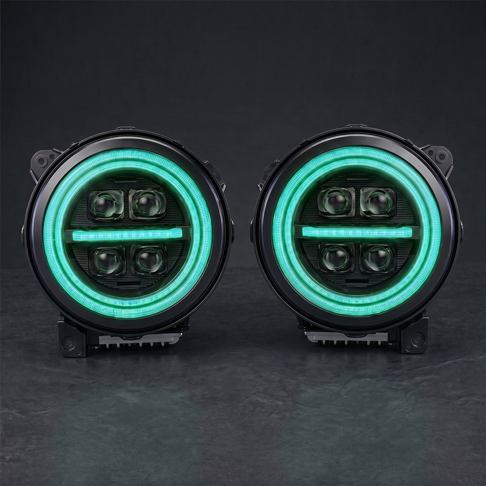 jeep-wrangler-custom-led-headlights-with-glowing-rgb-halo-ring-and-four-visible-projector-lenses-in-a-dark-garage