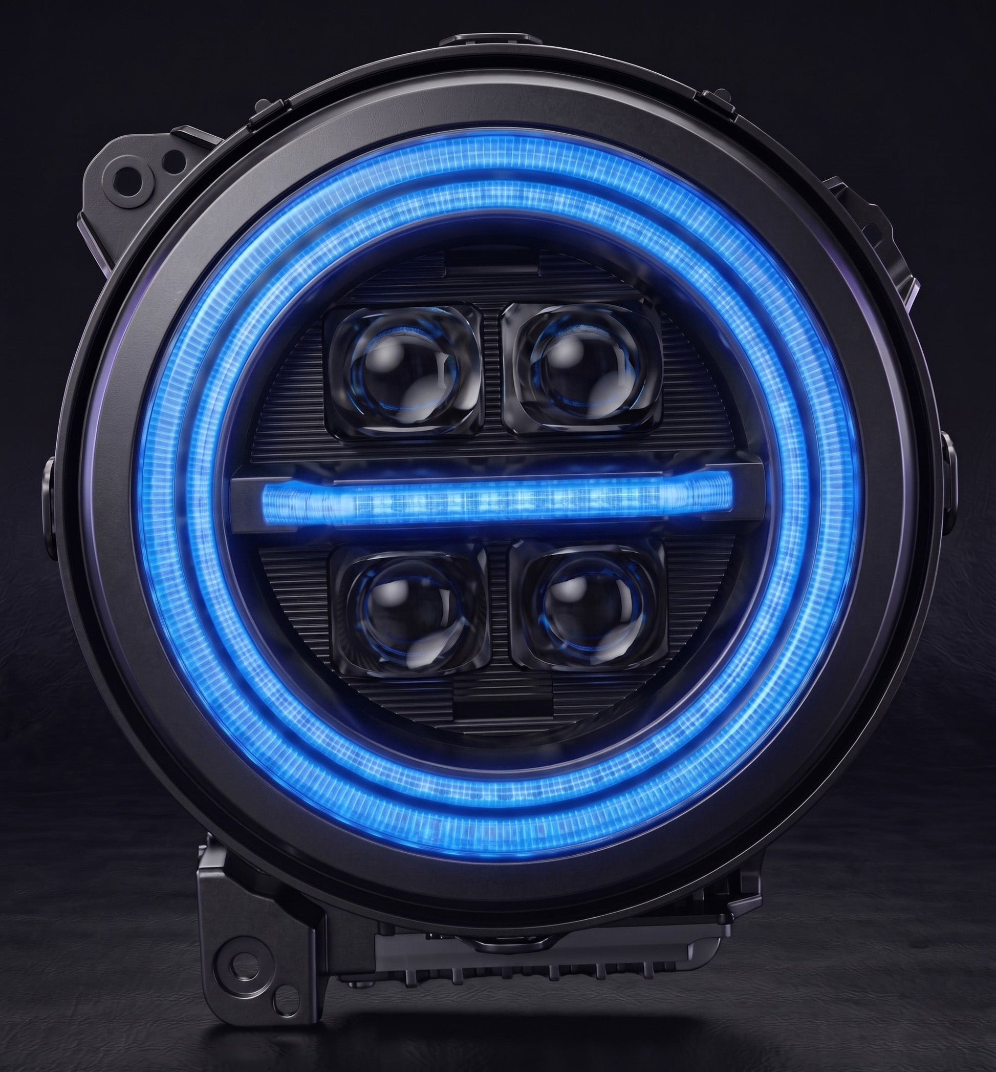 jeep-wrangler-custom-led-headlights-with-glowing-rgb-halo-ring-and-four-visible-projector-lenses-in-a-dark-garage