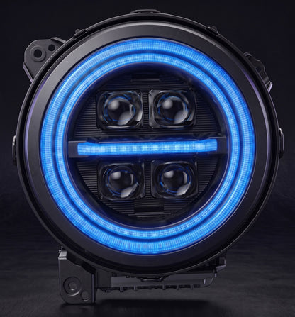 jeep-wrangler-custom-led-headlights-with-glowing-rgb-halo-ring-and-four-visible-projector-lenses-in-a-dark-garage