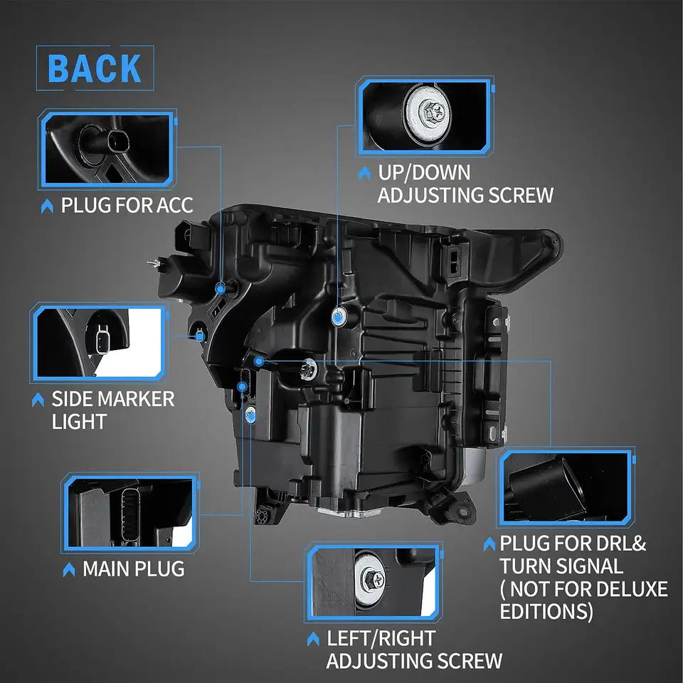 Rear of Ford F-150 headlight with main plug, ACC plug, lighting connections and beam adjusters