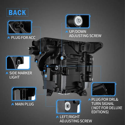 Rear of Ford F-150 headlight with main plug, ACC plug, lighting connections and beam adjusters