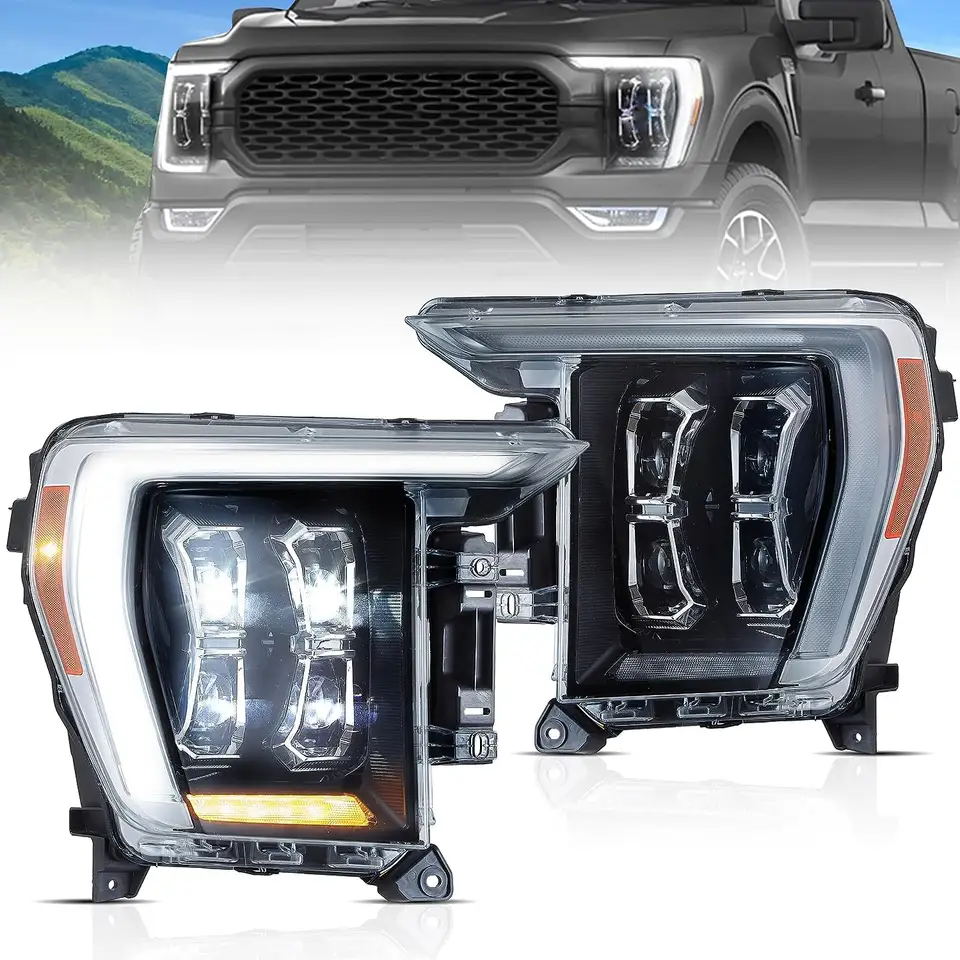 Led headlight pair with black housings, white DRLs and amber turn signals