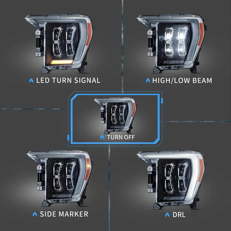 led headlight showing amber turn signal, high and low beam, unlit housing, side marker and white DRL