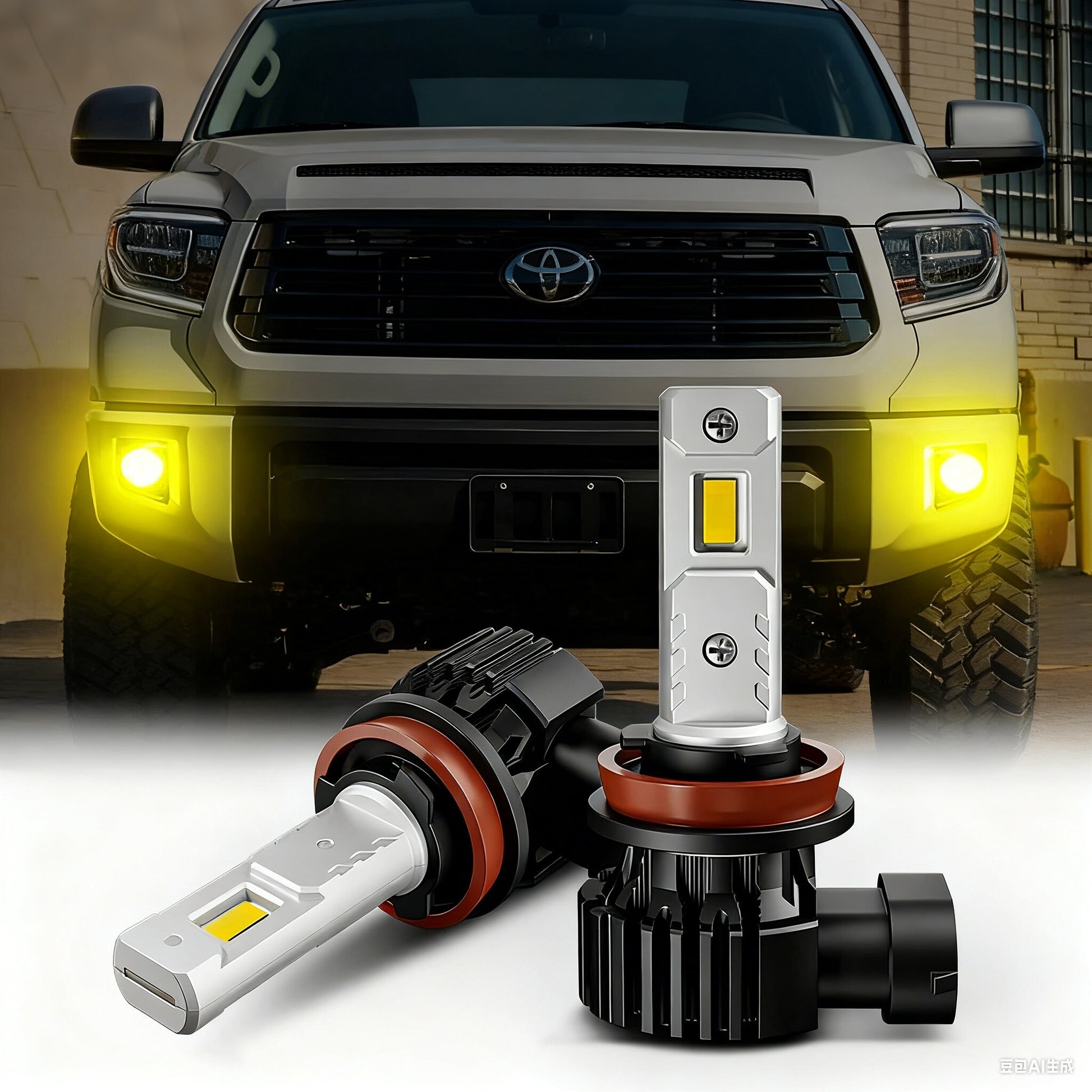 H8 H11 H16 LED fog bulbs installed on 2014-2021 Toyota Tundra with bright yellow beam. Perfect upgrade for enhanced visibility and style.