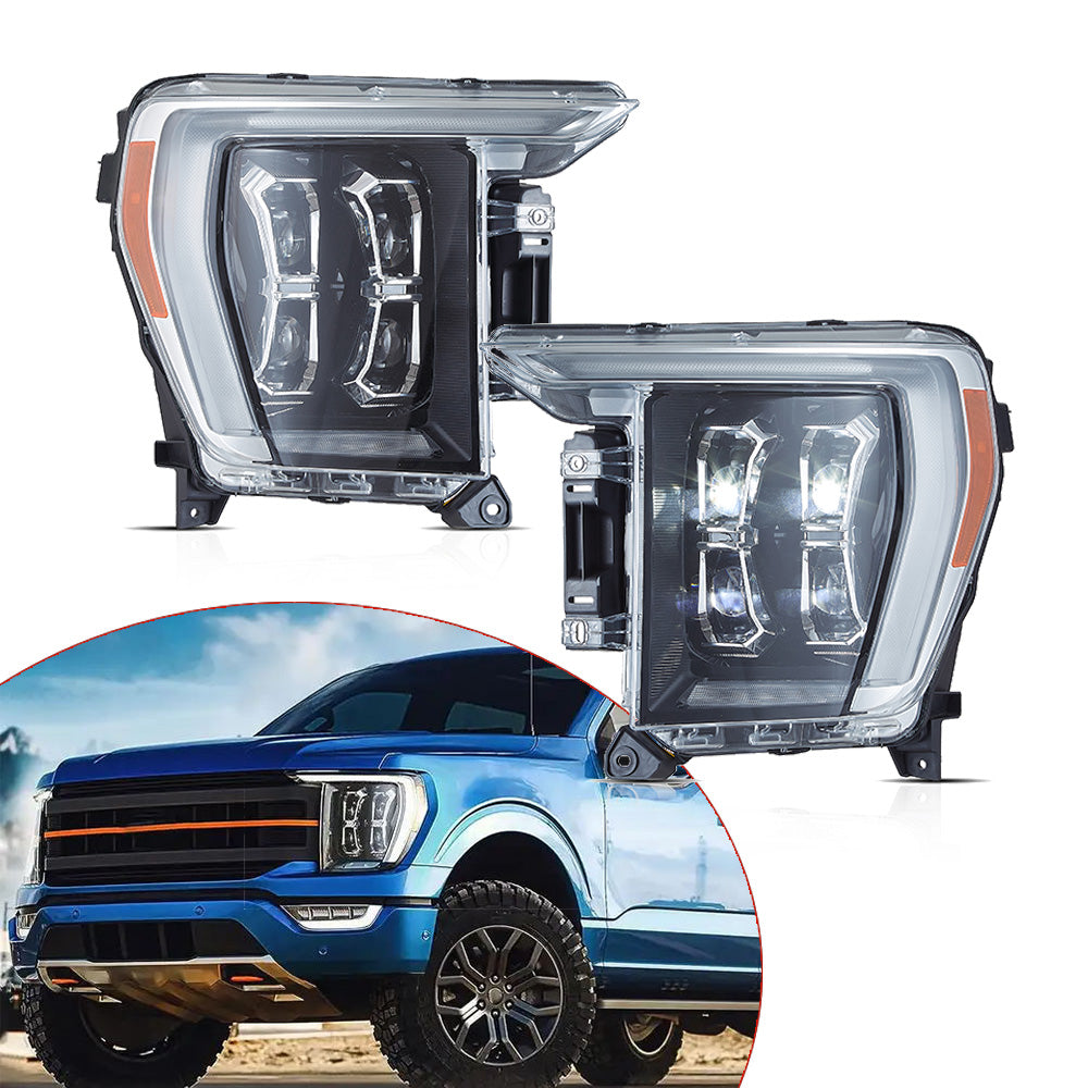Left and right Ford LED headlight assemblies with an installed F-150 inset