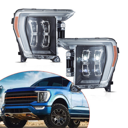 Left and right Ford LED headlight assemblies with an installed F-150 inset