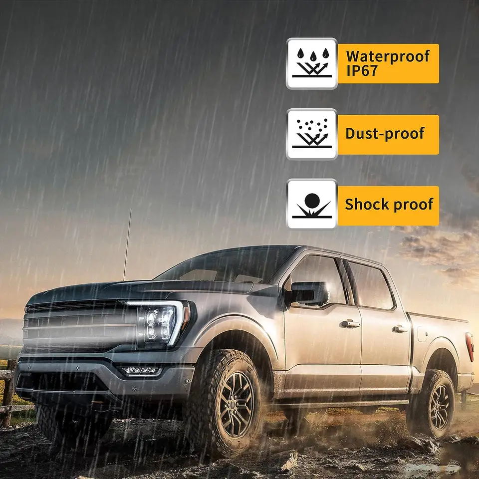 led headlight weather illustration labeled IP67 waterproof, dust-proof and shock-proof