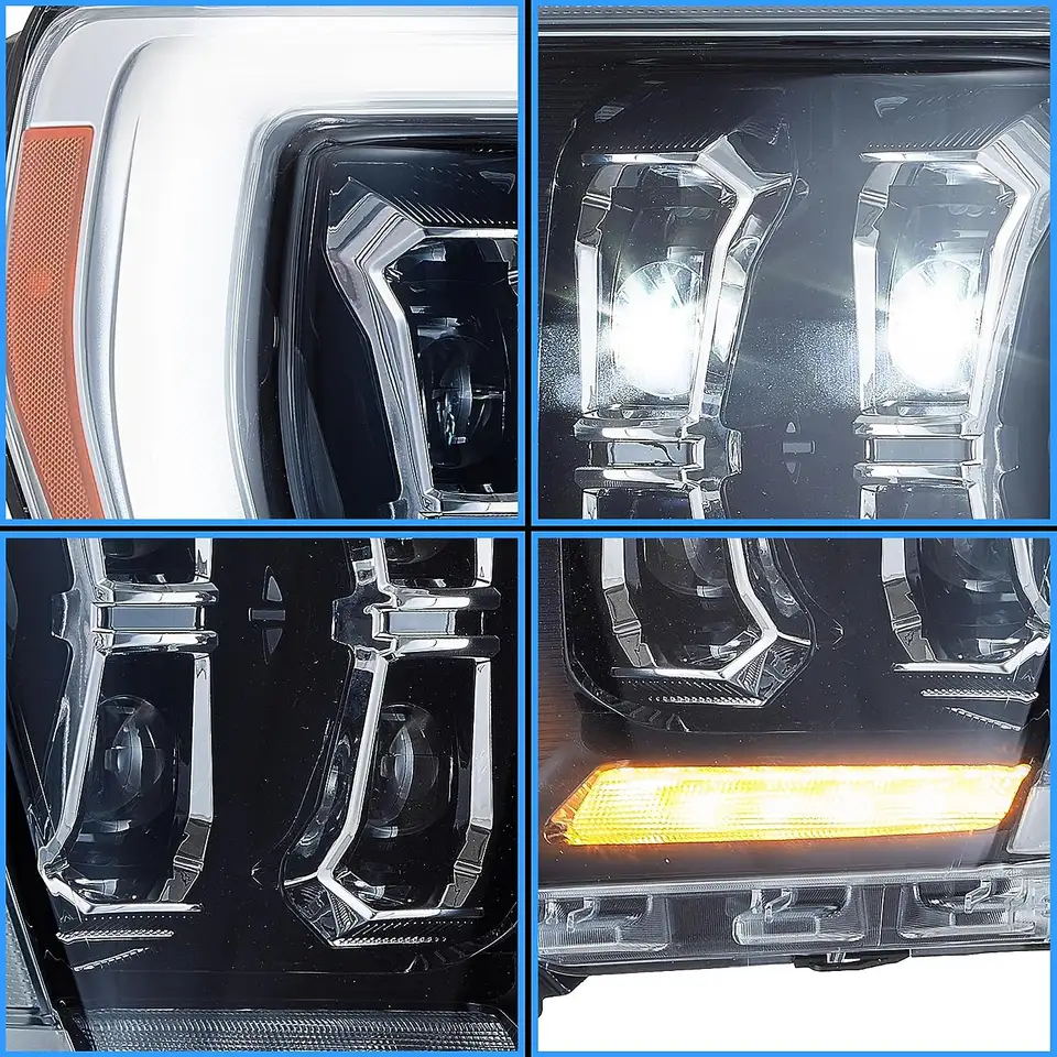 Close-up views of Ford F-150 projector elements, white light guide and amber turn signal