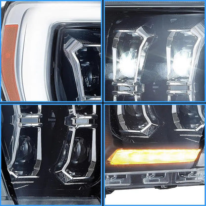 Close-up views of Ford F-150 projector elements, white light guide and amber turn signal