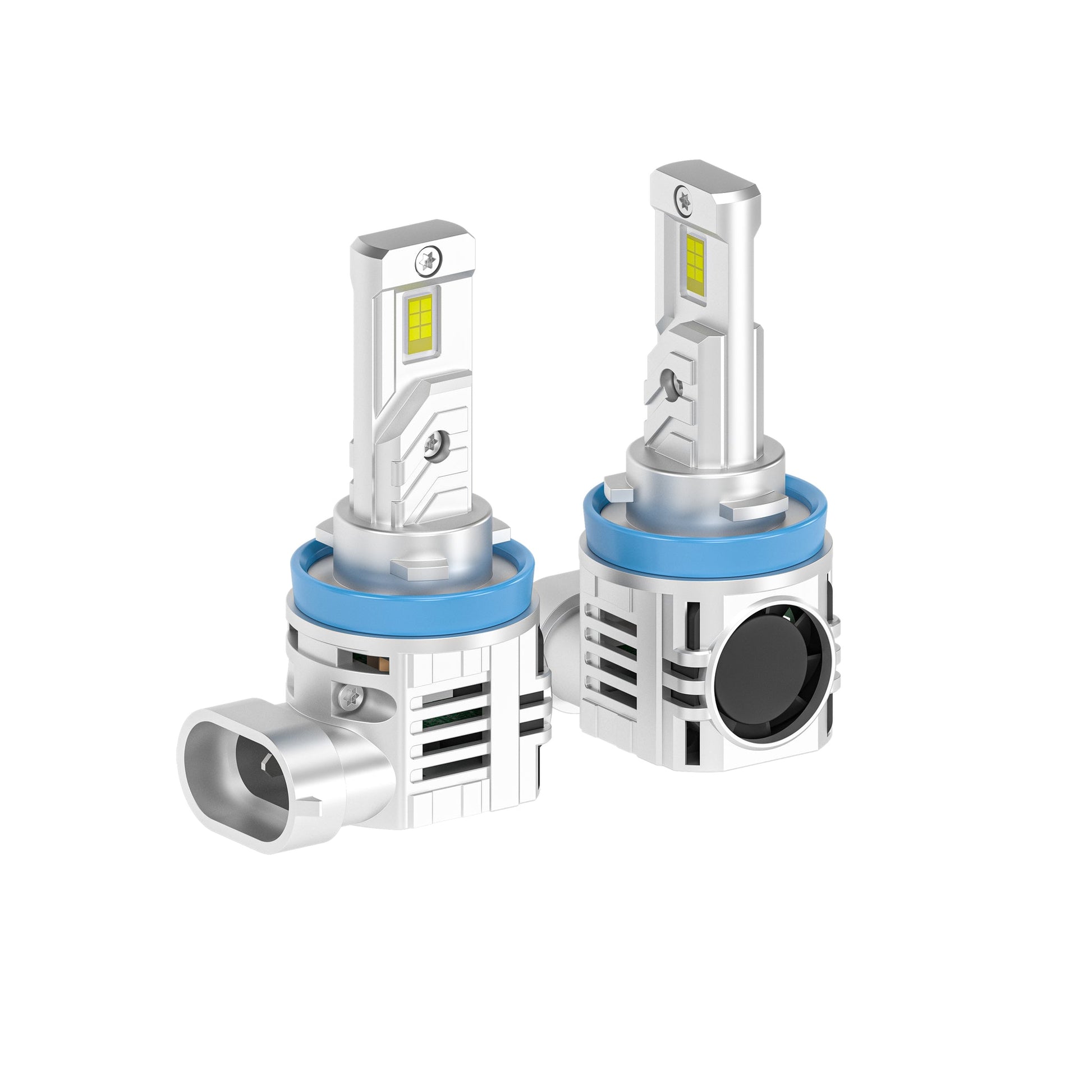 Angled view of SP Air Series 60W H8 LED Headlight Bulbs with 6000K white light output and blue sealing ring for secure fit.