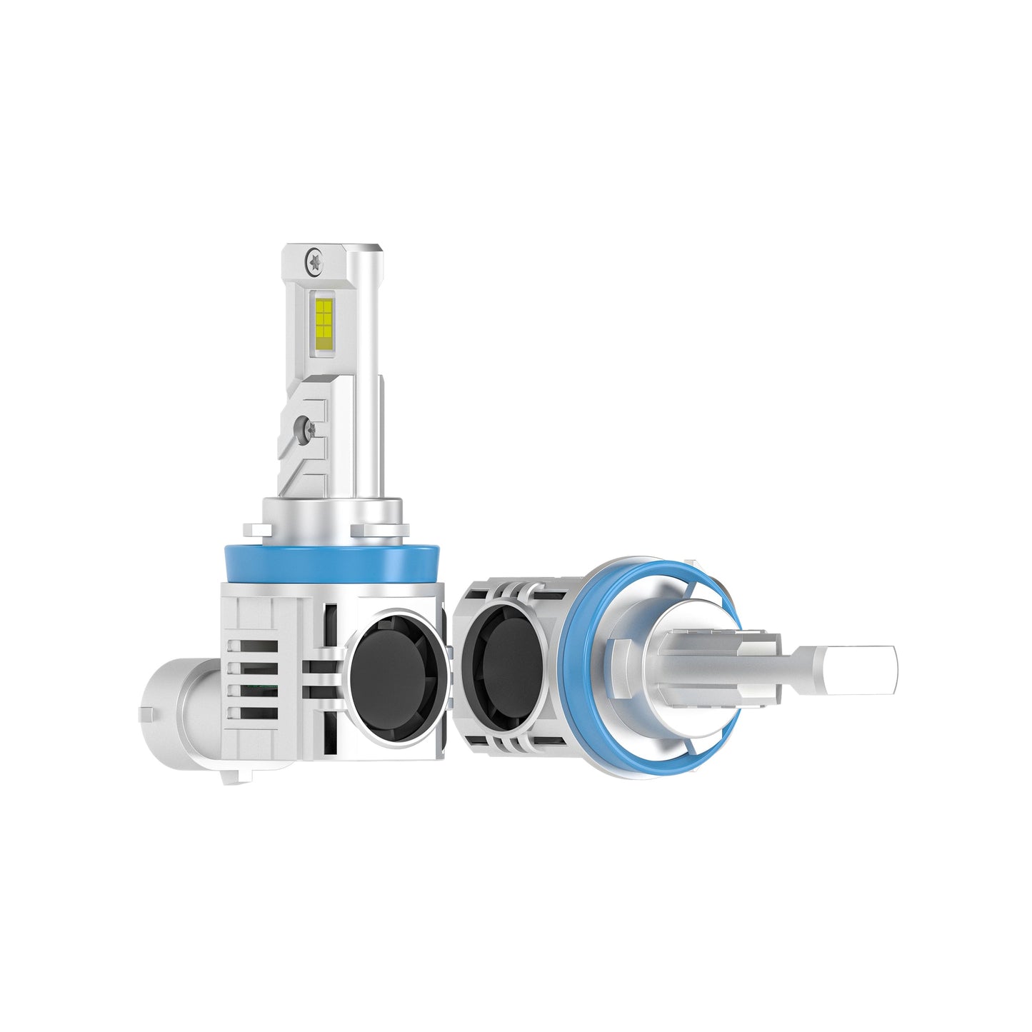 Horizontal layout of SP Air Series 60W H8 LED Headlight Bulbs highlighting plug connector and LED chip orientation.